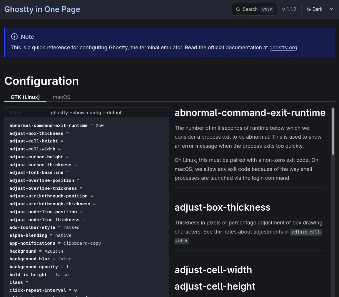 Screenshot of the redesigned website. There is an alphabetized list of configuration keys with default values on the left, and a scrolling pane of descriptions on the right. The top of the page has a search bar, version number, dark mode toggle, and a disclaimer about being an unofficial site.