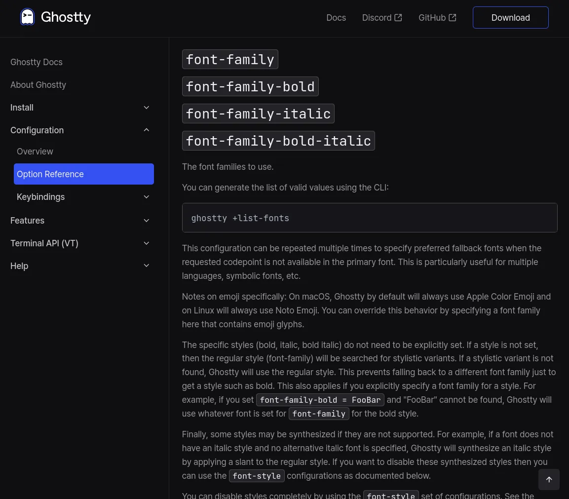 Screenshot of the original documentation website for Ghostty. The main area is a scrolling list of configuration keys and descriptions. The sidebar contains site navigation for pages like installation, configuration, and the terminal API. The top of the page has links for Discord, GitHub, and download.