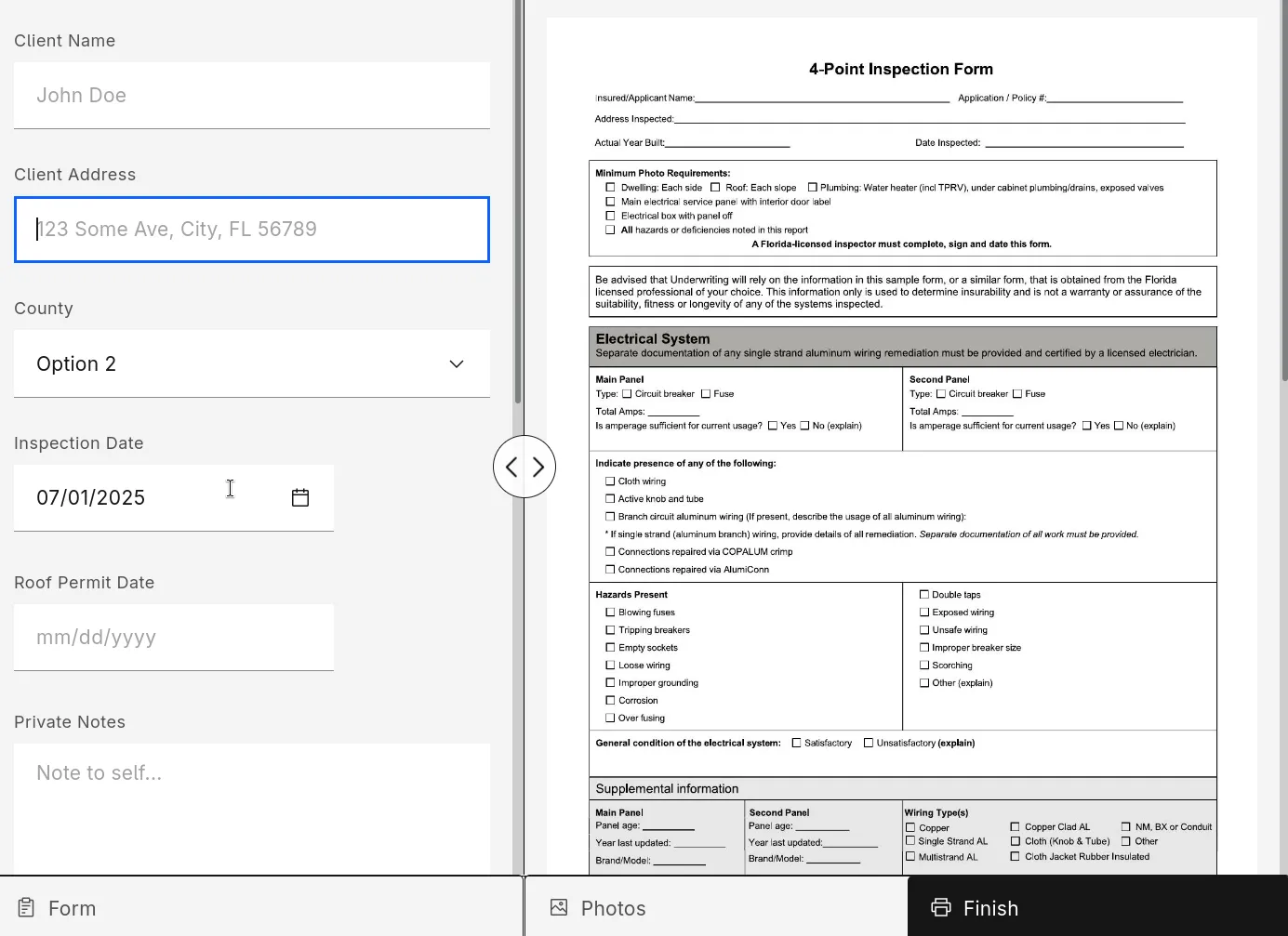 The screenshot has a form on the left and a PDF on the right. The form has a few fields like client name, address, and inspection date. The PDF is titled '4-Point Inspection Form' with lots of checkboxes and text fields.