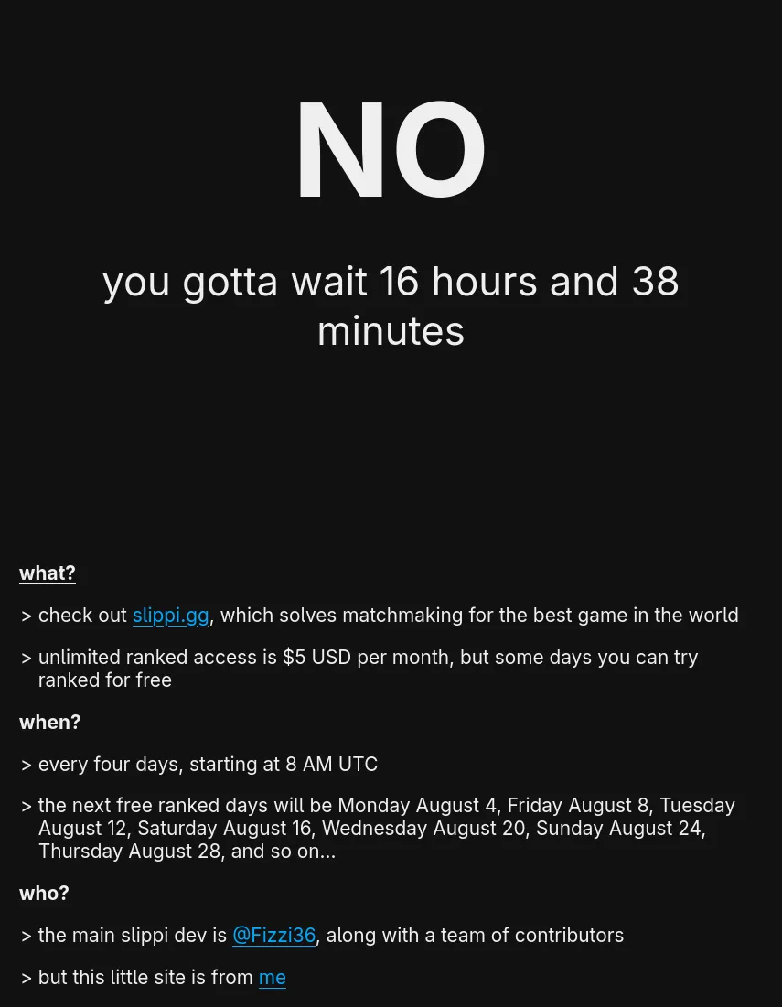 The screenshot says 'no, you gotta wait 16 hours and 38 minutes' at the top. There are bullet points at the bottom that answers questions 'what', 'when', and 'who'.