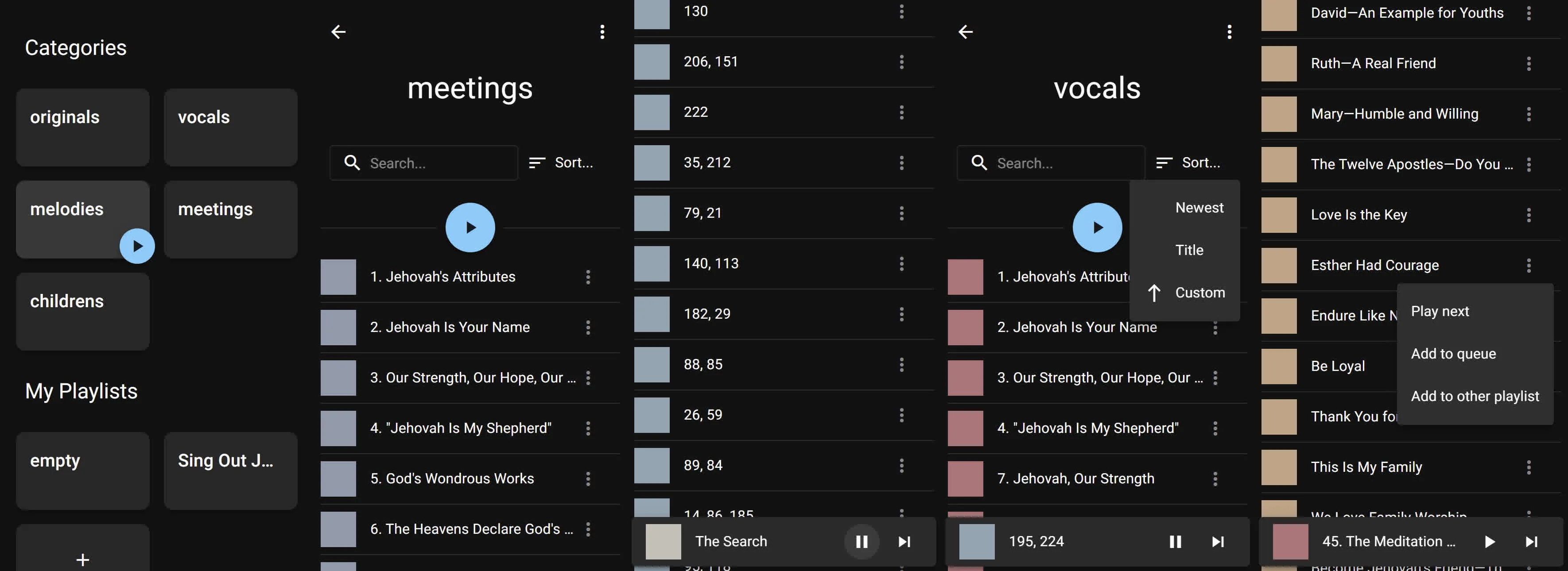 There are five phone screenshots. The first is a home screen of song categories and playlists. The other four screenshots show a playlist screen, with searching, sorting, adding to queue, and a 'now playing' bar at the bottom. The design is simple and flat.