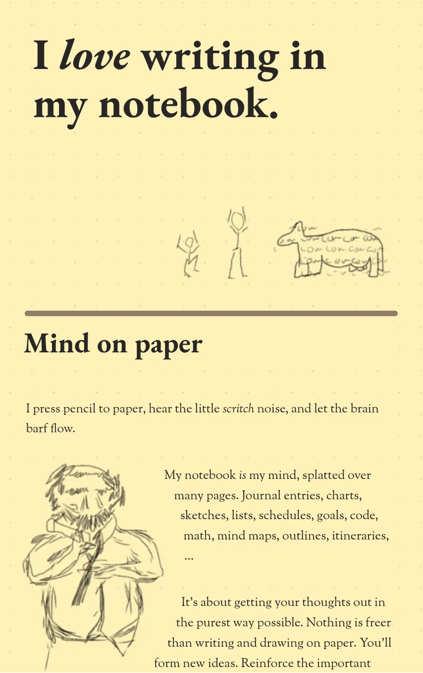 The screenshot says 'I love writing in my notebook', with the first subheading 'mind on paper', and a few paragraphs and doodles as well.