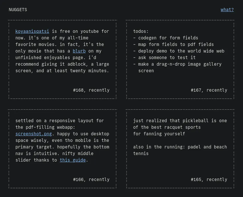 The screenshot shows a simple grid of boxes, each filled with small monospace text.