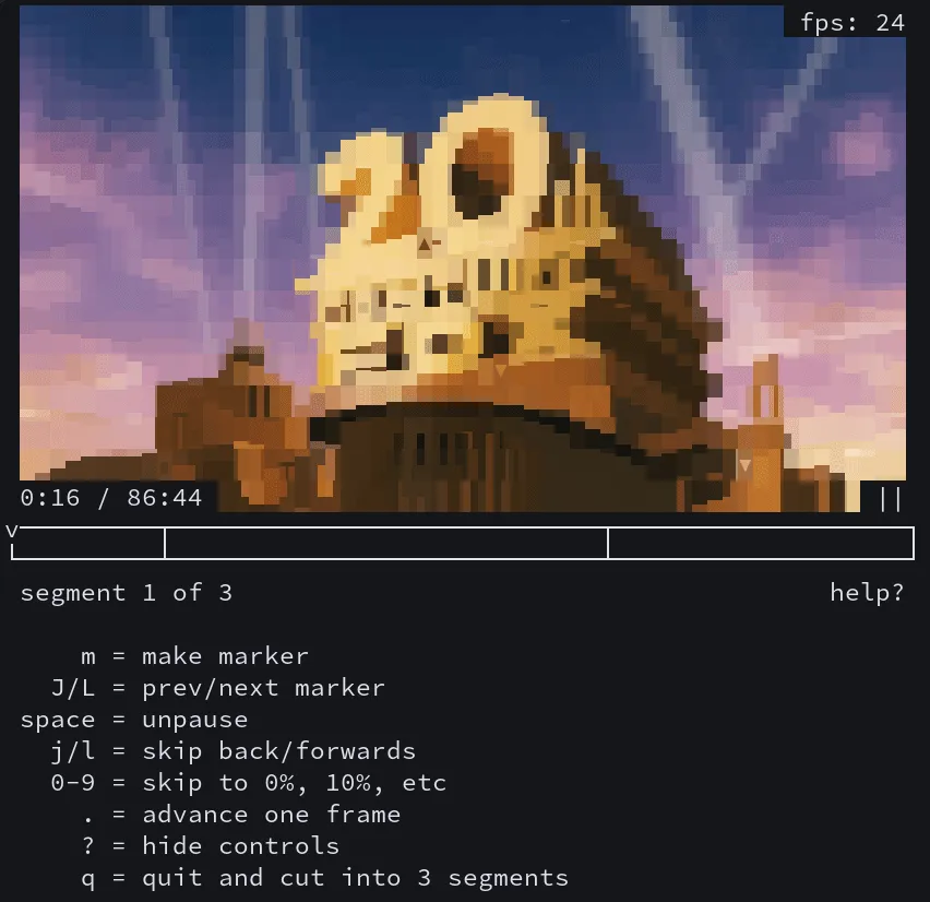 The screenshot shows a minimal video player interface. The top half shows a pixel-art-like image of the 20th century fox logo. The bottom half has commands like 'm' for make marker, 'space' for unpause, and 'q' for quit and cut into three segments. Other textual interface components include an fps count and a playerbar with segments.